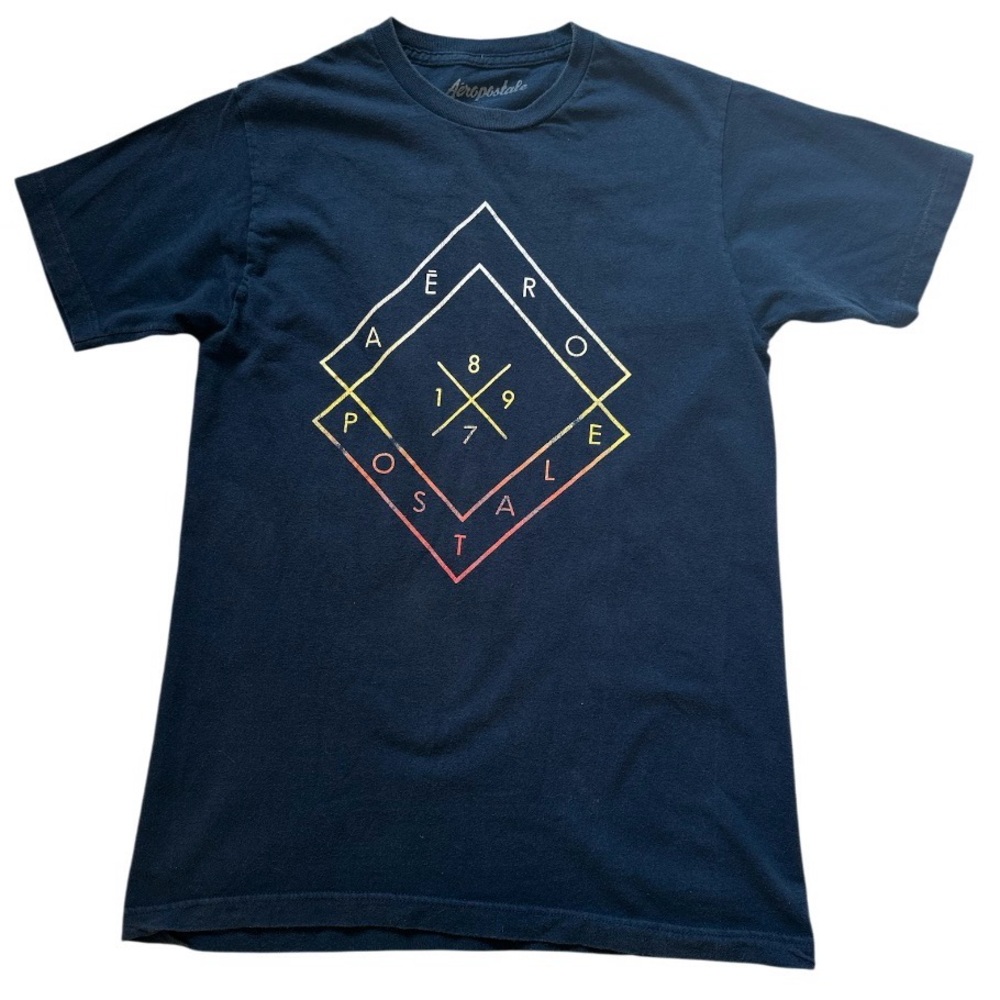 Aeropostale Dark Blue Geometric Tee Men’s M Diamond Colorful Logo Short Sleeves